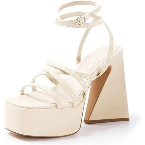 Women's Platform High Heels Sandals Square Open Toe Strappy Pumps Lace Up - Picture 7 of 7